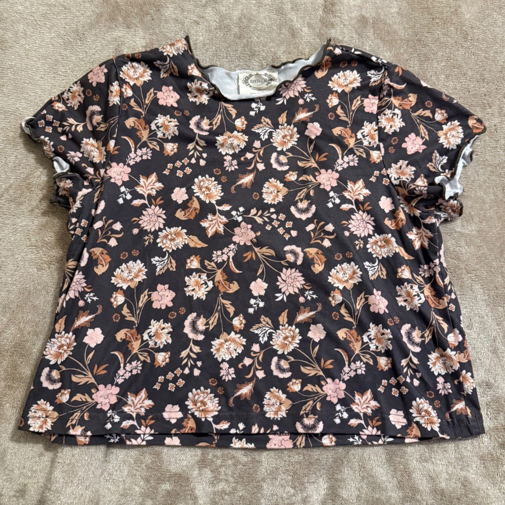 Joyfolie Girls Floral Lettuce Edge Short Sleeve Top Black Tan Pink Size 12